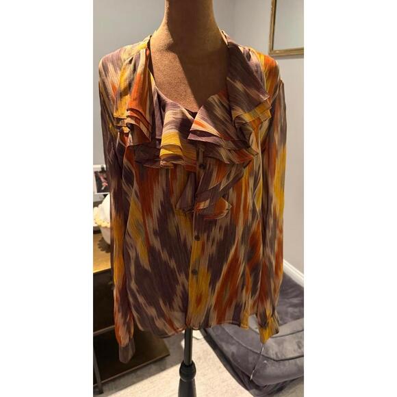 NWT 100% Silk Lafayette 148 Women's Ruffled Button-Up Blouse southwestern fall 6 - Picture 2 of 7